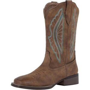 Women's Brown Cow Girl Square Toe Wide Calf Embroidered Western Work Boots